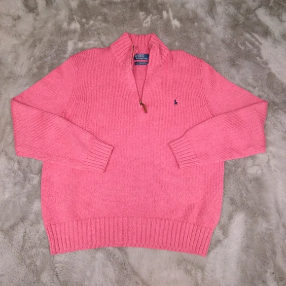 Vintage Oversized Boyfriend Fit Polo Ralph Lauren Pink Quarter Zip Sweater XL - Picture 1 of 4